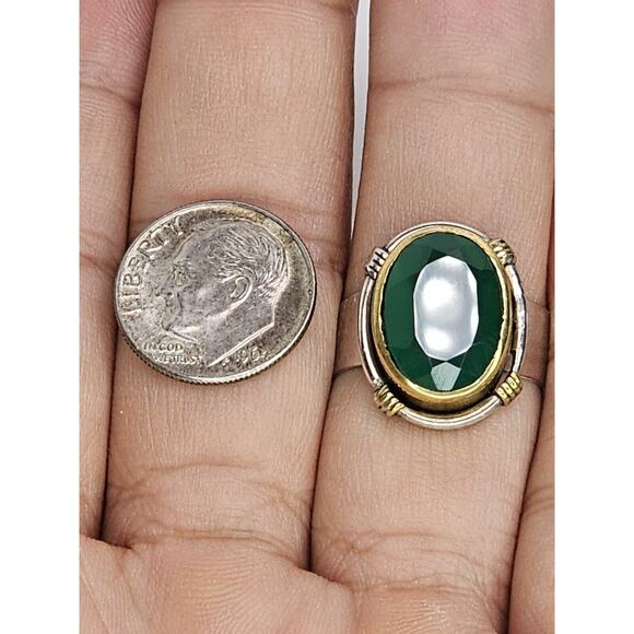 925 Sterling Silver - Bronze Bezel - Oval Simulated Emerald Ring Size 8.75 - Picture 6 of 6